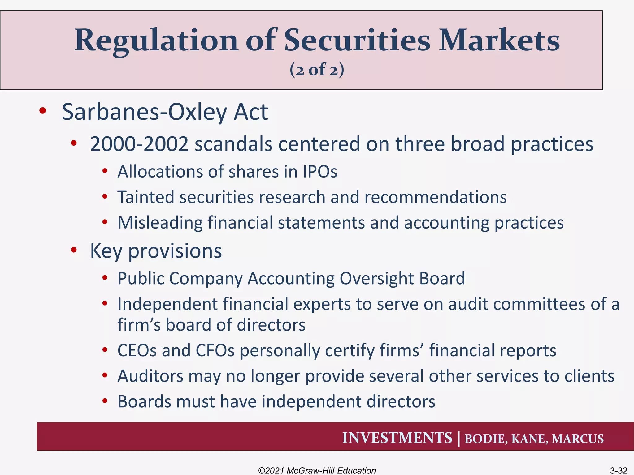 INVESTMENTS | BODIE, KANE, MARCUS
• Sarbanes-Oxley Act
• 2000-2002 scandals centered on three broad practices
• Allocations of shares in IPOs
• Tainted securities research and recommendations
• Misleading financial statements and accounting practices
• Key provisions
• Public Company Accounting Oversight Board
• Independent financial experts to serve on audit committees of a
firm’s board of directors
• CEOs and CFOs personally certify firms’ financial reports
• Auditors may no longer provide several other services to clients
• Boards must have independent directors
Regulation of Securities Markets
(2 of 2)
©2021 McGraw-Hill Education 3-32
 