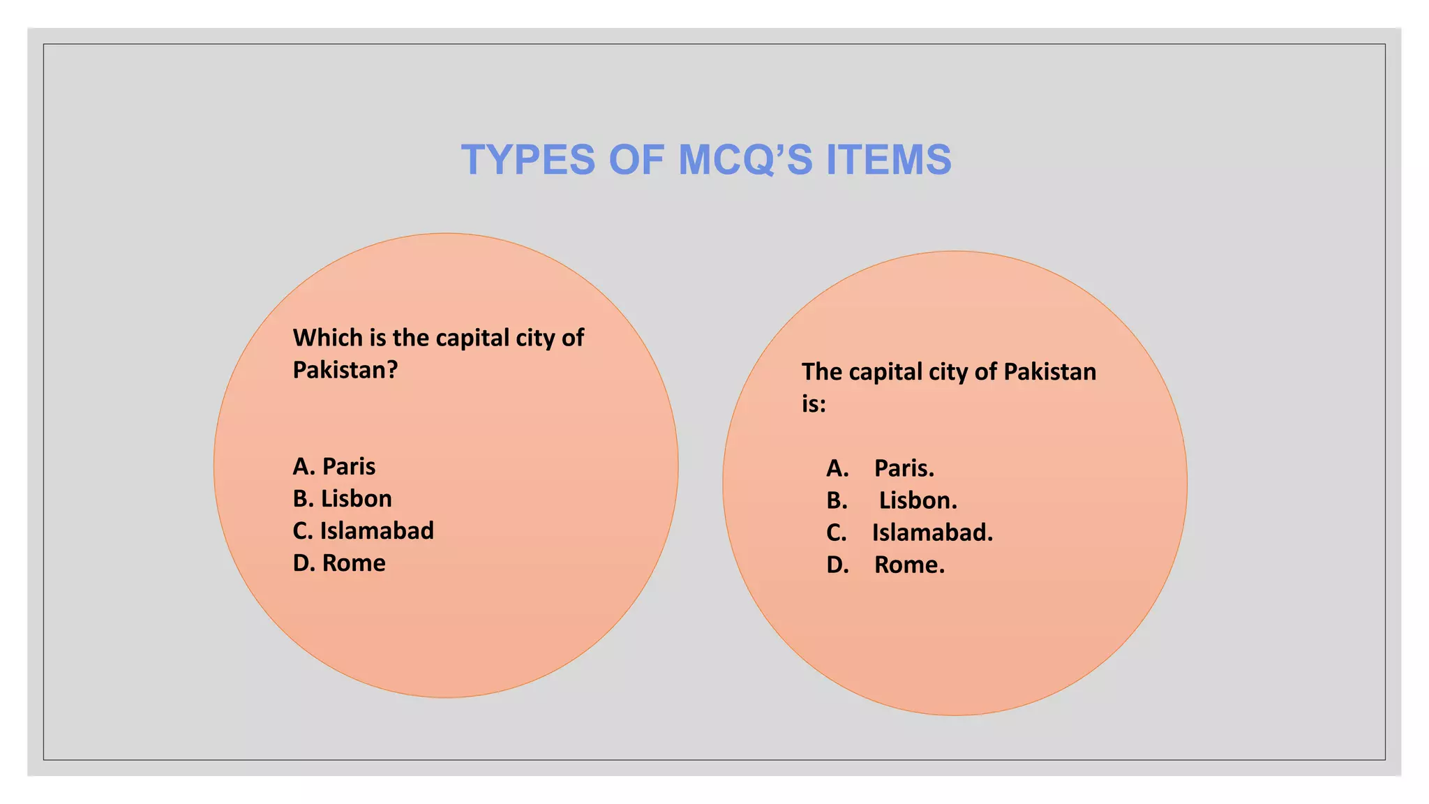 TYPES OF MCQ’S ITEMS
Which is the capital city of
Pakistan?
A. Paris
B. Lisbon
C. Islamabad
D. Rome
The capital city of Pakistan
is:
A. Paris.
B. Lisbon.
C. Islamabad.
D. Rome.
 