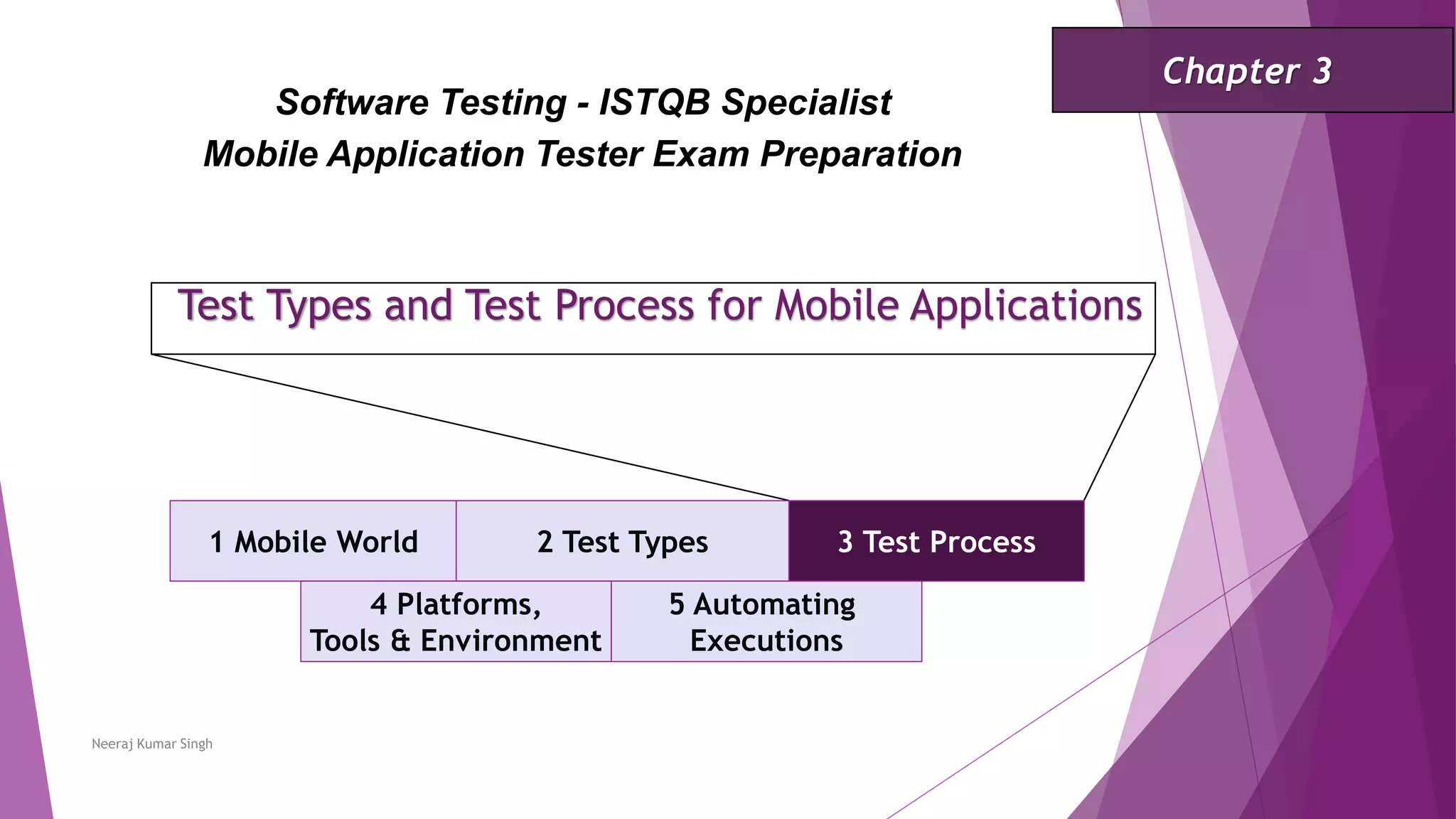 Test Types and Test Process for Mobile Applications
1 Mobile World 2 Test Types 3 Test Process
Software Testing - ISTQB Specialist
Mobile Application Tester Exam Preparation
Chapter 3
Neeraj Kumar Singh
4 Platforms,
Tools & Environment
5 Automating
Executions
 