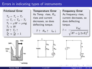Errors in indicating types of instruments
Frictional Error
Td = Tc + Tf
⇒ Tc = Td − Tf
Tf = µW = µmg
Tf ∝ W
W ↑ Tf ↑
Td
Tf
∝ Td
W  1
Temperature Error
As Temp. rises, Rm
rises and current
decreases, so does
deflecting torque.
T ↑ Rm ↑ Im ↓
Frequency Error
As frequency rises,
current decreases, so
does deflecting
torque.
I =
VAC
q
R2 + (j 2πfL)2
Parveen Malik () E and EM August 6, 2019 17 / 37
 