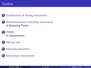 Outline
1 Classification of Analog Instruments
2 Electromechanical Indicating Instruments
Operating Forces
3 PMMC
Galvanometer
4 Moving Iron
5 Electrodynamometer
6 Electrostatic Instruments
Parveen Malik () E and EM August 6, 2019 2 / 37
 