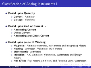 Classification of Analog Instruments I
Based upon Quantity
Current - Ammeter
Voltage - Voltmeter
Based upon kind of Current -
Alternating Current
Direct Current
Alternating and Direct Current
Based upon cause of Working
Magnetic - Ammeter voltmeter, watt-meters and Integrating Meters
Heating - Ammeter , Voltmeter, Watt-meters
Electrostatic- Voltmeters
Induction - A.C. ammeters, Voltmeters, Wattmeters and Energy
meters
Hall Effect- Flux meters, ammeters, and Poynting Vector wattmeter.
Parveen Malik () E and EM August 6, 2019 4 / 37
 