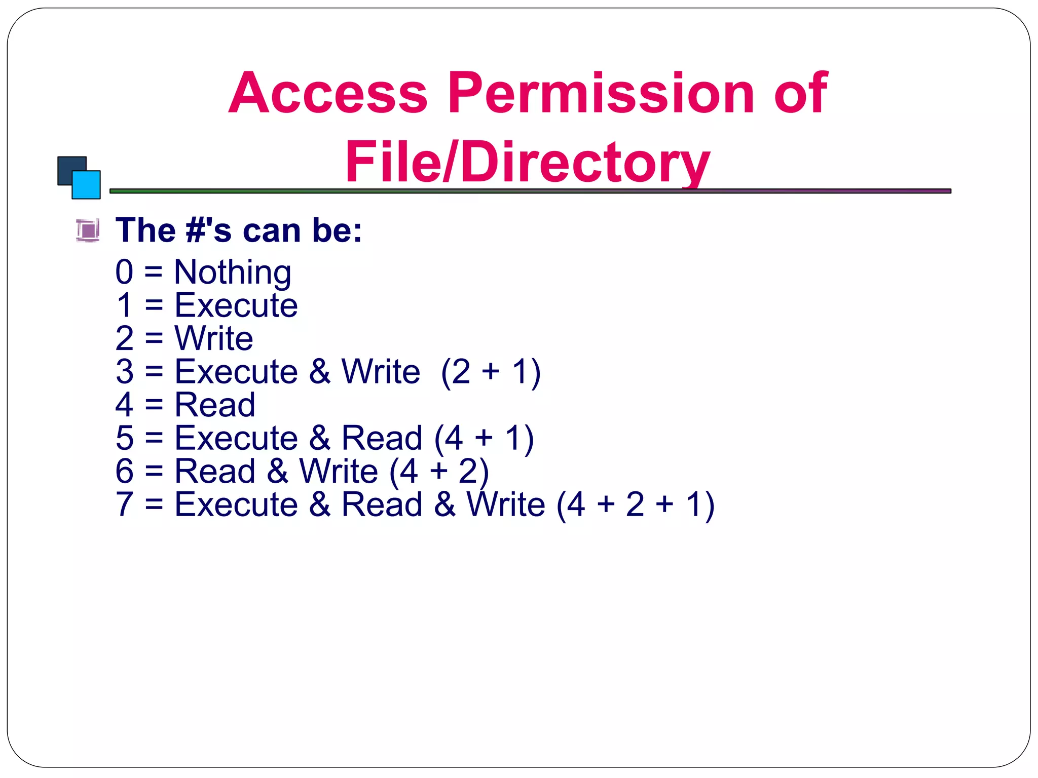 Access Permission of
File/Directory
Introduction to Linux
The #'s can be:
0 = Nothing
1 = Execute
2 = Write
3 = Execute & Write (2 + 1)
4 = Read
5 = Execute & Read (4 + 1)
6 = Read & Write (4 + 2)
7 = Execute & Read & Write (4 + 2 + 1)
 