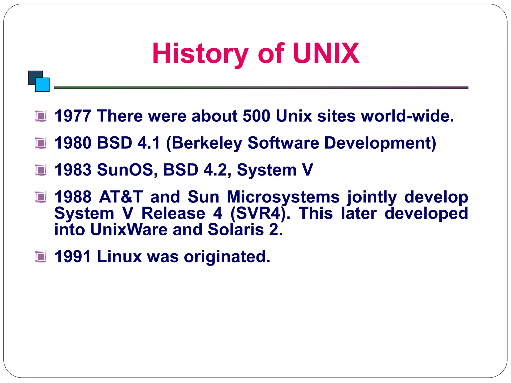 History of UNIX
Introduction to Linux
1977 There were about 500 Unix sites world-wide.
1980 BSD 4.1 (Berkeley Software Development)
1983 SunOS, BSD 4.2, System V
1988 AT&T and Sun Microsystems jointly develop
System V Release 4 (SVR4). This later developed
into UnixWare and Solaris 2.
1991 Linux was originated.
 