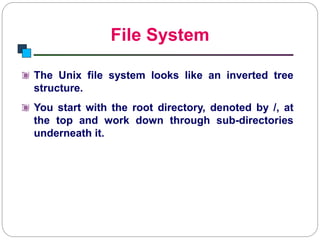 File System
Introduction to Linux
The Unix file system looks like an inverted tree
structure.
You start with the root directory, denoted by /, at
the top and work down through sub-directories
underneath it.
 