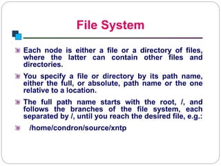 File System
Introduction to Linux
Each node is either a file or a directory of files,
where the latter can contain other files and
directories.
You specify a file or directory by its path name,
either the full, or absolute, path name or the one
relative to a location.
The full path name starts with the root, /, and
follows the branches of the file system, each
separated by /, until you reach the desired file, e.g.:
/home/condron/source/xntp
 
