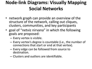 Node-link Diagrams: Visually Mapping
Social Networks
• network graph can provide an overview of the
structure of the network, calling out cliques,
clusters, communities, and key participants
• goal of “netviz nirvana” in which the following
goals are proposed:
– Every vertex is visible.
– Every vertex’s degree is countable (i.e., the number of
connections that start or end at that vertex).
– Every edge can be followed from source to
destination.
– Clusters and outliers are identifiable.
 