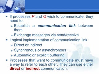  If processes P and Q wish to communicate, they
need to:
 Establish a communication link between
them
 Exchange messages via send/receive
 Logical implementation of communication link
 Direct or indirect
 Synchronous or asynchronous
 Automatic or explicit buffering
 Processes that want to communicate must have
a way to refer to each other. They can use either
direct or indirect communication.
 