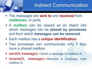 Indirect Communication
 The messages are sent to and received from
mailboxes, or ports
 A mailbox can be viewed as an object into
which messages can be placed by processes
and from which messages can be removed.
 Each mailbox has a unique identification.
 Two processes can communicate only if they
have a shared mailbox
 send(A,message)—Send a message to mailbox A.
 receive(A, message)—Receive a message from
mailbox A.
 
