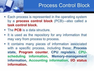 Process Control Block
 Each process is represented in the operating system
by a process control block (PCB)—also called a
task control block.
 The PCB is a data structure.
 It is used as the repository for any information that
may vary from process to process.
 It contains many pieces of information associated
with a specific process, including these: Process
state, Program counter, CPU registers, CPU-
scheduling information, Memory-management
information, Accounting information, I/O status
information.
 