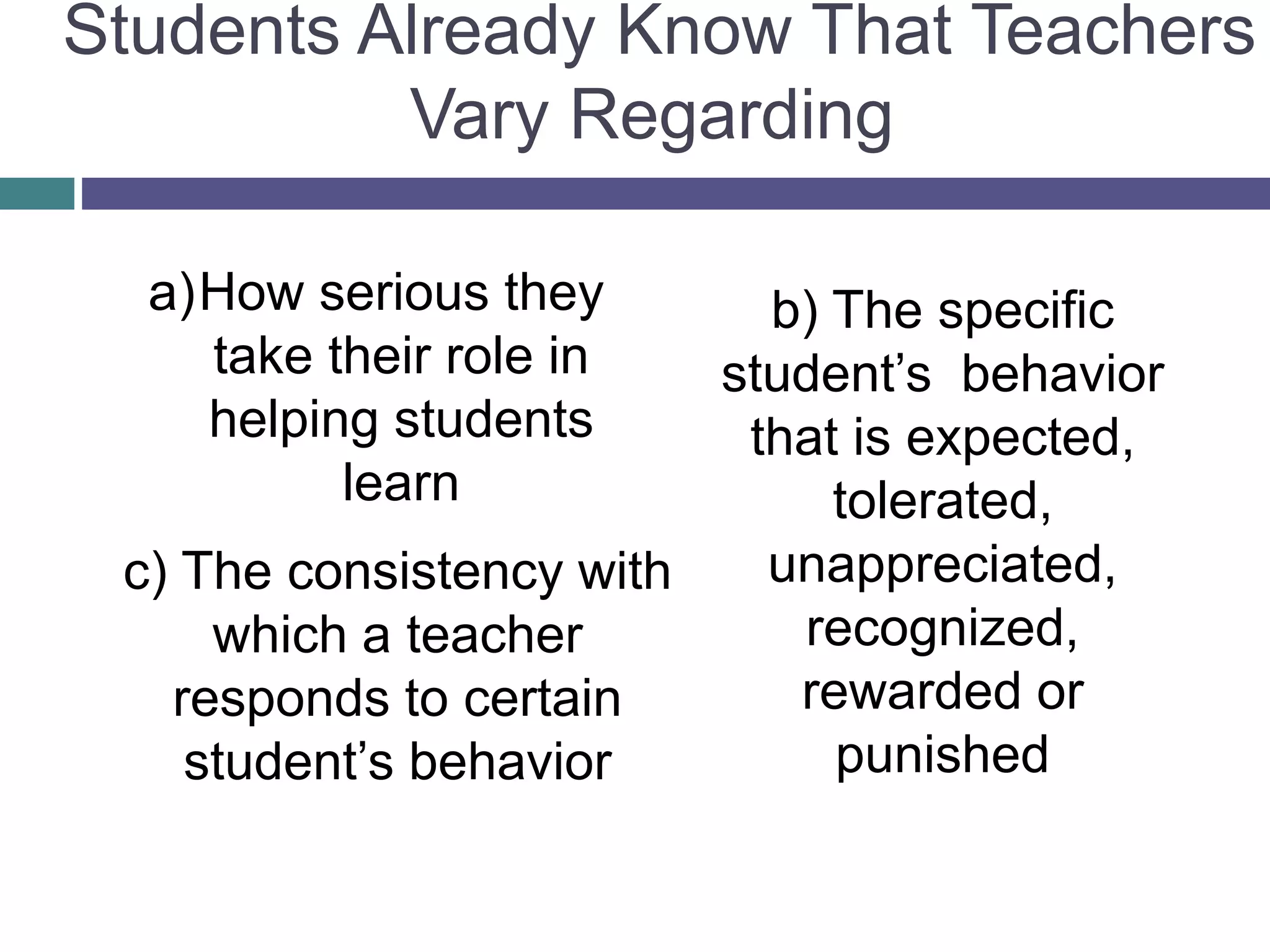 Students Already Know That Teachers
Vary Regarding
a)How serious they
take their role in
helping students
learn
b) The specific
student’s behavior
that is expected,
tolerated,
unappreciated,
recognized,
rewarded or
punished
c) The consistency with
which a teacher
responds to certain
student’s behavior
 