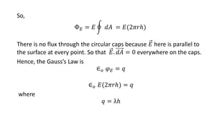 So,
Ф𝐸 = 𝐸 𝑑𝐴 = 𝐸(2𝜋𝑟ℎ)
There is no flux through the circular caps because 𝐸 here is parallel to
the surface at every point. So that 𝐸. 𝑑𝐴 = 0 everywhere on the caps.
Hence, the Gauss’s Law is
∈𝑜 𝜑𝐸 = 𝑞
∈𝑜 𝐸(2𝜋𝑟ℎ) = 𝑞
where
𝑞 = λℎ
 