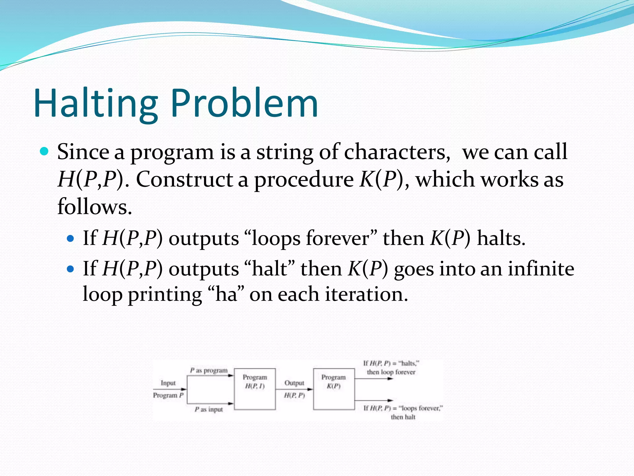 Halting Problem
 Since a program is a string of characters, we can call
H(P,P). Construct a procedure K(P), which works as
follows.
 If H(P,P) outputs “loops forever” then K(P) halts.
 If H(P,P) outputs “halt” then K(P) goes into an infinite
loop printing “ha” on each iteration.
 