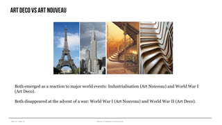Year III – Sem VI History of Modern Architecture
Artdeco vs art nouveau
Both emerged as a reaction to major world events: Industrialisation (Art Nouveau) and World War I
(Art Deco).
Both disappeared at the advent of a war: World War I (Art Nouveau) and World War II (Art Deco).
 