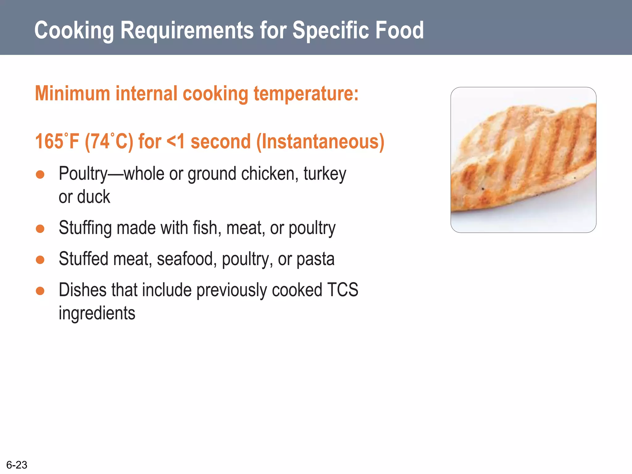 Cooking Requirements for Specific Food
Minimum internal cooking temperature:
165˚F (74˚C) for <1 second (Instantaneous)
 Poultry—whole or ground chicken, turkey
or duck
 Stuffing made with fish, meat, or poultry
 Stuffed meat, seafood, poultry, or pasta
 Dishes that include previously cooked TCS
ingredients
6-23
 