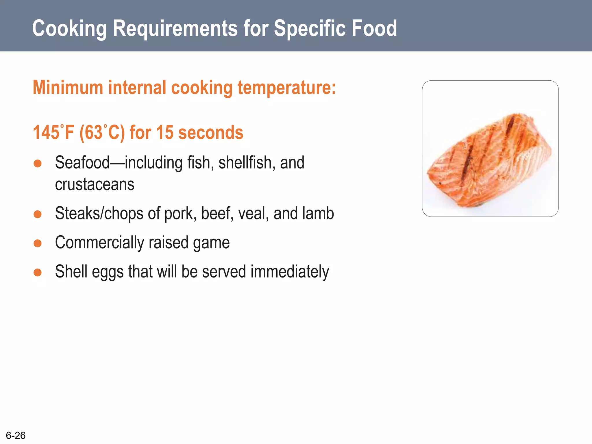 Cooking Requirements for Specific Food
Minimum internal cooking temperature:
145˚F (63˚C) for 15 seconds
 Seafood—including fish, shellfish, and
crustaceans
 Steaks/chops of pork, beef, veal, and lamb
 Commercially raised game
 Shell eggs that will be served immediately
6-26
 
