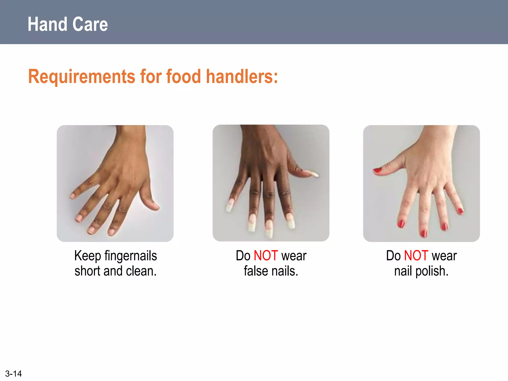 Do NOT wear
nail polish.
Do NOT wear
false nails.
Keep fingernails
short and clean.
Hand Care
Requirements for food handlers:
3-14
 