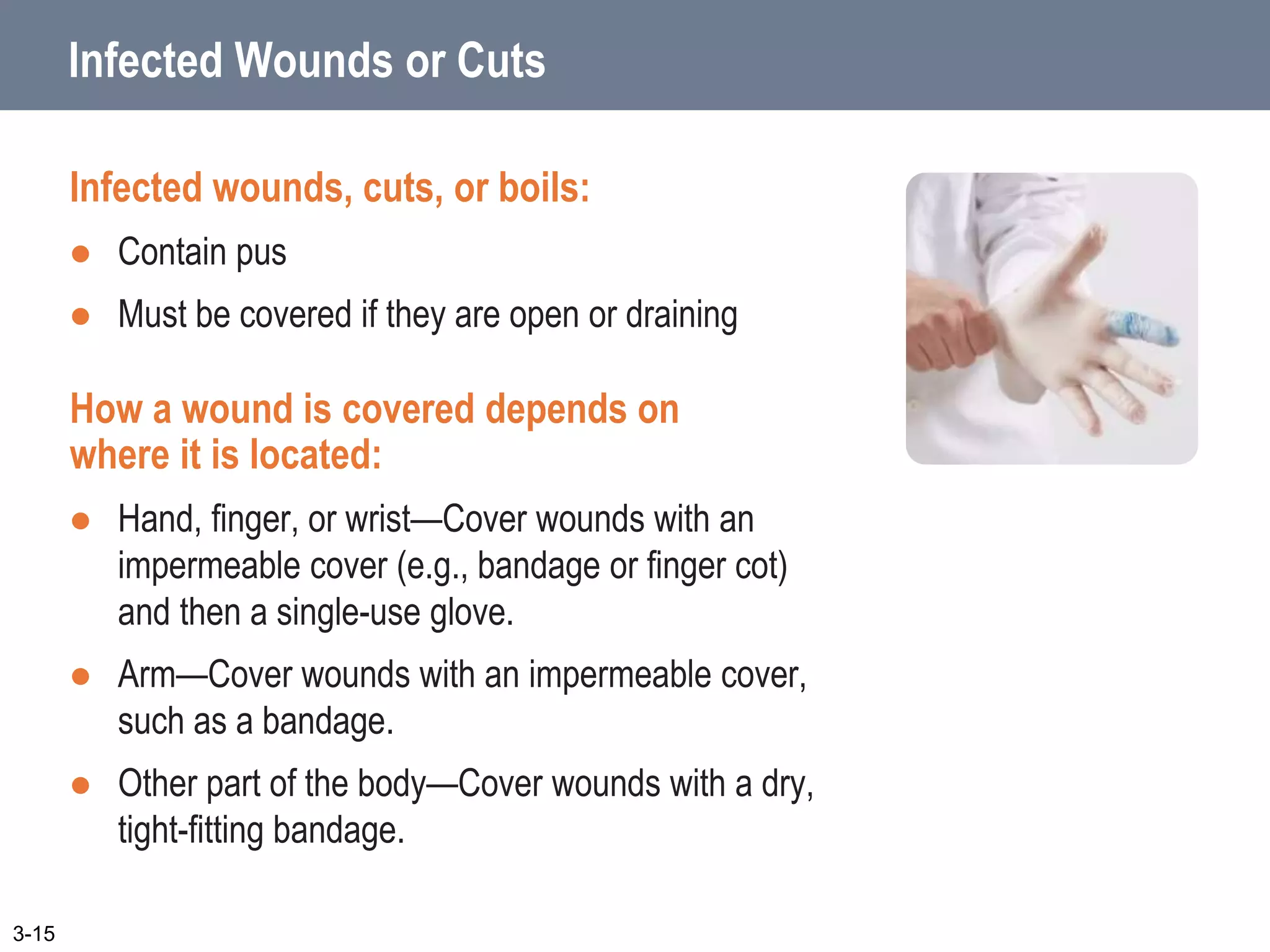 Infected Wounds or Cuts
Infected wounds, cuts, or boils:
 Contain pus
 Must be covered if they are open or draining
How a wound is covered depends on
where it is located:
 Hand, finger, or wrist—Cover wounds with an
impermeable cover (e.g., bandage or finger cot)
and then a single-use glove.
 Arm—Cover wounds with an impermeable cover,
such as a bandage.
 Other part of the body—Cover wounds with a dry,
tight-fitting bandage.
3-15
 