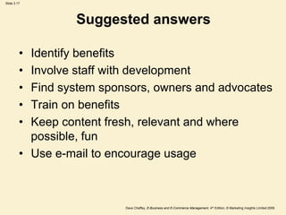 Slide 3.17
Dave Chaffey, E-Business and E-Commerce Management, 4th Edition, © Marketing Insights Limited 2009
Suggested answers
• Identify benefits
• Involve staff with development
• Find system sponsors, owners and advocates
• Train on benefits
• Keep content fresh, relevant and where
possible, fun
• Use e-mail to encourage usage
 