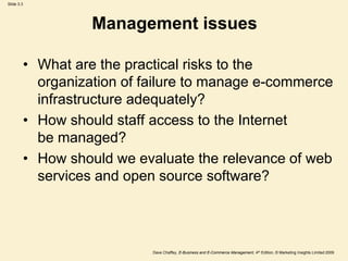 Slide 3.3
Dave Chaffey, E-Business and E-Commerce Management, 4th Edition, © Marketing Insights Limited 2009
Management issues
• What are the practical risks to the
organization of failure to manage e-commerce
infrastructure adequately?
• How should staff access to the Internet
be managed?
• How should we evaluate the relevance of web
services and open source software?
 