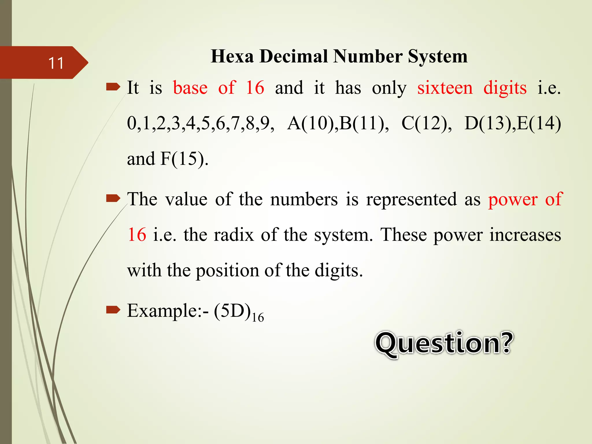 Hexa Decimal Number System
 It is base of 16 and it has only sixteen digits i.e.
0,1,2,3,4,5,6,7,8,9, A(10),B(11), C(12), D(13),E(14)
and F(15).
 The value of the numbers is represented as power of
16 i.e. the radix of the system. These power increases
with the position of the digits.
 Example:- (5D)16
11
 