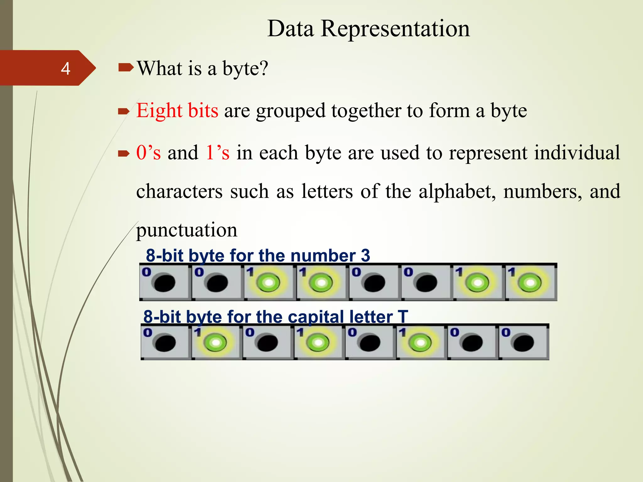 Data Representation
What is a byte?
 Eight bits are grouped together to form a byte
 0’s and 1’s in each byte are used to represent individual
characters such as letters of the alphabet, numbers, and
punctuation
4
8-bit byte for the number 3
8-bit byte for the capital letter T
 