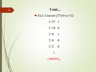 Cont...
 Ex2: Convert (37)10 to (?)2
2 37 1
2 18 0
2 9 1
2 4 0
2 2 0
1
(100101)2
13
 