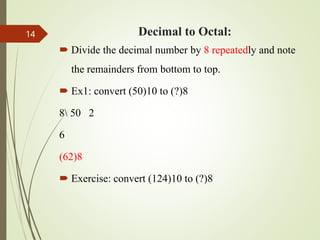 Decimal to Octal:
 Divide the decimal number by 8 repeatedly and note
the remainders from bottom to top.
 Ex1: convert (50)10 to (?)8
8 50 2
6
(62)8
 Exercise: convert (124)10 to (?)8
14
 