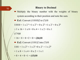 Binary to Decimal
 Multiply the binary number with the weights of binary
system according to their position and note the sum.
 Ex1: Convert (11010)2 to (?)10
11010 = 1 x 2 4 +1 x 23 + 0 x 22 +1 x 21 + 0 x 20
= 1 x 16 + 1 x 8 + 0 x 4 + 1 x 2 + 0 x 1
(174)8
= 16 + 8 + 0 +2 + 0 = (26)10
 Ex2: Convert (1101)2 into (?)10
1101 = 1 x 23 + 1 x 22 +0 x 21 + 1 x 20
= 1 x 8 + 1 x 4 + 0 x 2 + 1 x 1
= 8 + 4 + 0 +1 = (13)10
16
 