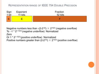 REPRESENTATION RANGE OF IEEE 754 DOUBLE PRECISION
Negative numbers less than -(2-2-52) × 21023 (negative overflow)
To -1 * 21-1023 (negative underflow) Normalized
Zero
Or 1 * 21-1023 (positive underflow) Normalized
Positive numbers greater than (2-2-52) × 21023 (positive overflow)
30
Sign Exponent Fraction
1 bit 11 bits 52 bits
S E F
 