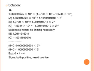  Solution:
a.
1.666015625 × 100 × (1.9760 × 104 – 1.9744 × 104)
(A) 1.666015625 × 100 = 1.1010101010 × 20
(B) 1.9760 × 104 = 1.0011010011 × 214
(C) –1.9744 × 104 = –1.0011010010 × 214
Exponents match, no shifting necessary
(B) 1.0011010011
(C) –1.0011010010
---------------
(B+C) 0.0000000001 × 214
(B+C) 1.0000000000 × 24
Exp: 0 + 4 = 4
Signs: both positive, result positive
 