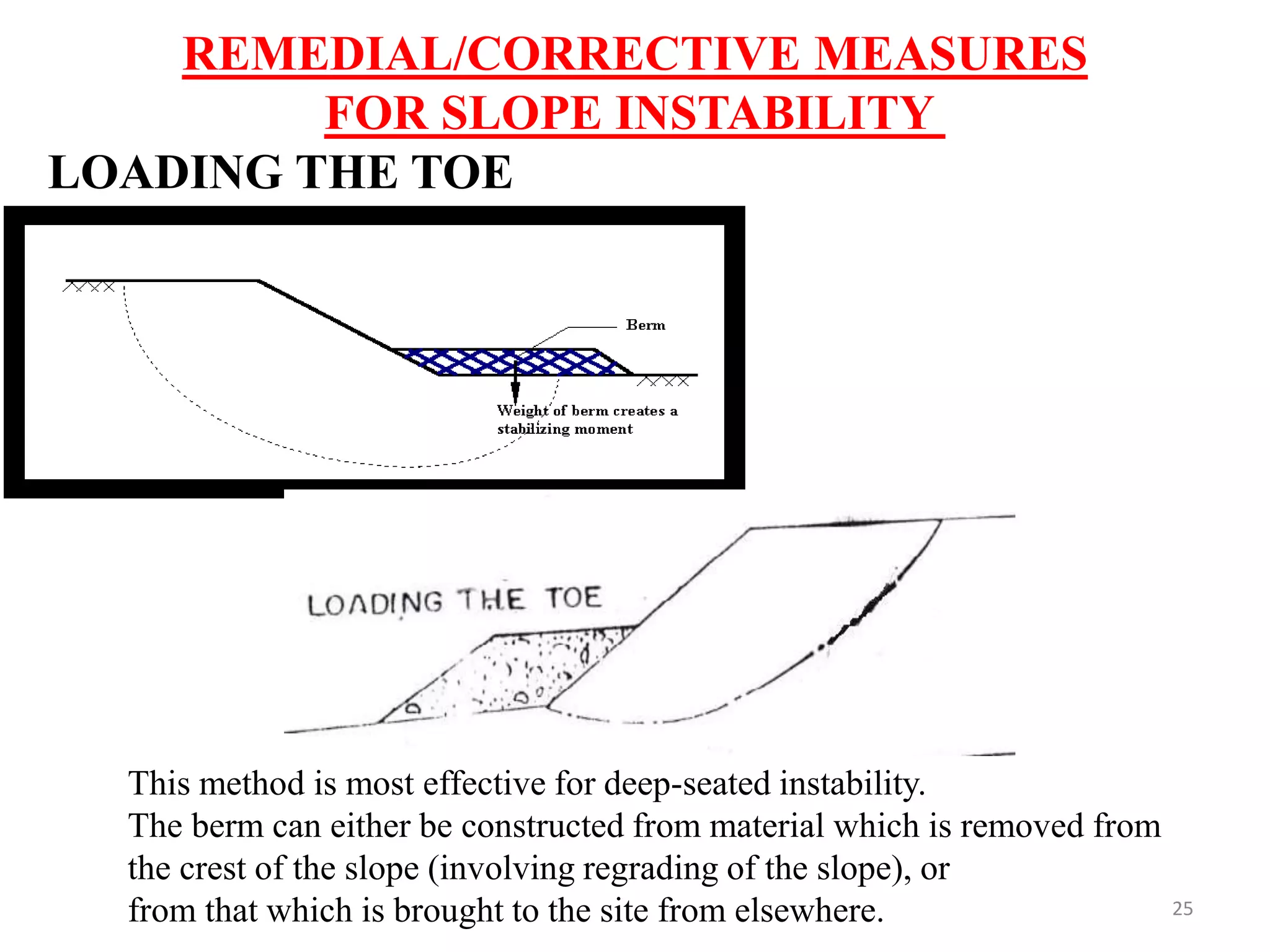 25
REMEDIAL/CORRECTIVE MEASURES
FOR SLOPE INSTABILITY
LOADING THE TOE
This method is most effective for deep-seated instability.
The berm can either be constructed from material which is removed from
the crest of the slope (involving regrading of the slope), or
from that which is brought to the site from elsewhere.
 