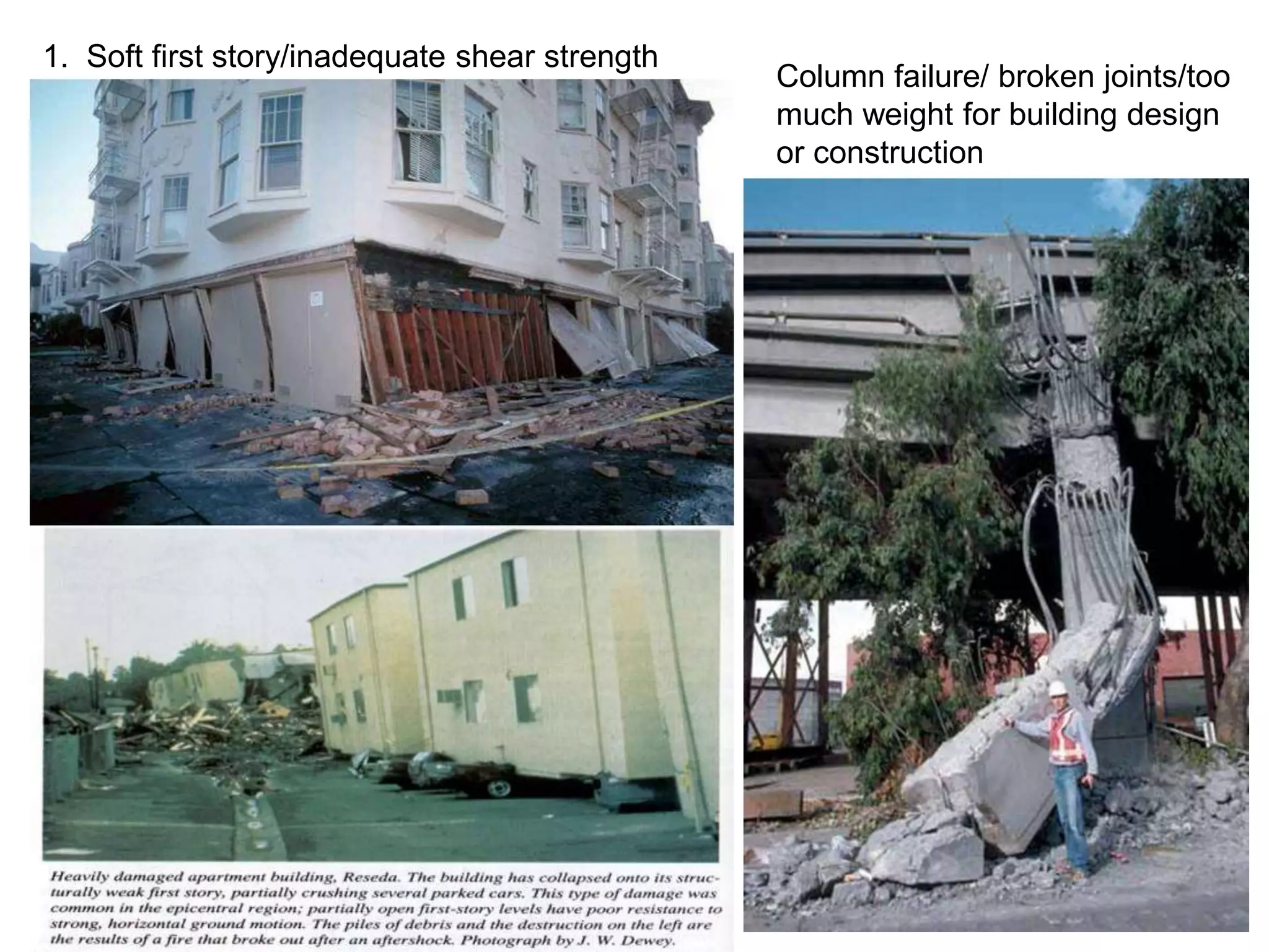 1. Soft first story/inadequate shear strength
Column failure/ broken joints/too
much weight for building design
or construction
 