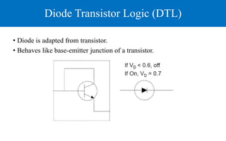 Diode Transistor Logic (DTL)
• Diode is adapted from transistor.
• Behaves like base-emitter junction of a transistor.
 