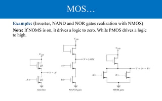 MOS…
Example: (Inverter, NAND and NOR gates realization with NMOS)
Note: If NOMS is on, it drives a logic to zero. While PMOS drives a logic
to high.
 