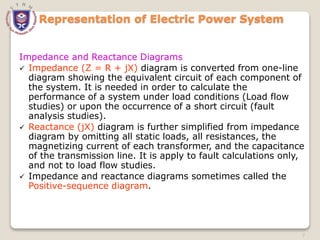 Representation of Electric Power System
Impedance and Reactance Diagrams
 Impedance (Z = R + jX) diagram is converted from one-line
diagram showing the equivalent circuit of each component of
the system. It is needed in order to calculate the
performance of a system under load conditions (Load flow
studies) or upon the occurrence of a short circuit (fault
analysis studies).
 Reactance (jX) diagram is further simplified from impedance
diagram by omitting all static loads, all resistances, the
magnetizing current of each transformer, and the capacitance
of the transmission line. It is apply to fault calculations only,
and not to load flow studies.
 Impedance and reactance diagrams sometimes called the
Positive-sequence diagram.
7
 