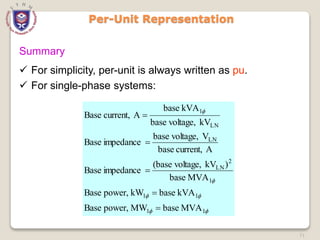 71
Per-Unit Representation
Summary
 For simplicity, per-unit is always written as pu.
 For single-phase systems:






1
1
1
1
1
2
LN
LN
LN
1
MVA
base
MW
power,
Base
kVA
base
kW
power,
Base
MVA
base
)
kV
voltage,
(base
impedance
Base
A
current,
base
V
voltage,
base
impedance
Base
kV
voltage,
base
kVA
base
A
current,
Base





 