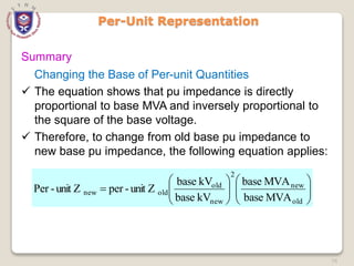 74
Per-Unit Representation
Summary

















old
new
2
new
old
old
new
MVA
base
MVA
base
kV
base
kV
base
unit Z
-
per
unit Z
-
Per
Changing the Base of Per-unit Quantities
 The equation shows that pu impedance is directly
proportional to base MVA and inversely proportional to
the square of the base voltage.
 Therefore, to change from old base pu impedance to
new base pu impedance, the following equation applies:
 