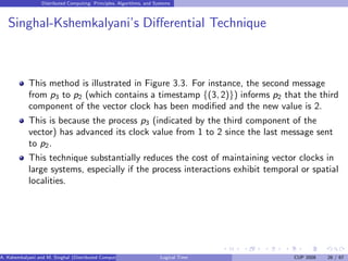 Distributed Computing: Principles, Algorithms, and Systems
Singhal-Kshemkalyani’s Differential Technique
This method is illustrated in Figure 3.3. For instance, the second message
from p3 to p2 (which contains a timestamp {(3, 2)}) informs p2 that the third
component of the vector clock has been modified and the new value is 2.
This is because the process p3 (indicated by the third component of the
vector) has advanced its clock value from 1 to 2 since the last message sent
to p2.
This technique substantially reduces the cost of maintaining vector clocks in
large systems, especially if the process interactions exhibit temporal or spatial
localities.
A. Kshemkalyani and M. Singhal (Distributed Computing) Logical Time CUP 2008 26 / 67
 