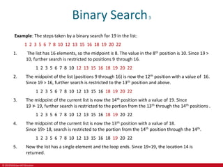 © 2019 McGraw-Hill Education
Binary Search3
Example: The steps taken by a binary search for 19 in the list:
1 2 3 5 6 7 8 10 12 13 15 16 18 19 20 22
1. The list has 16 elements, so the midpoint is 8. The value in the 8th position is 10. Since 19 >
10, further search is restricted to positions 9 through 16.
1 2 3 5 6 7 8 10 12 13 15 16 18 19 20 22
2. The midpoint of the list (positions 9 through 16) is now the 12th position with a value of 16.
Since 19 > 16, further search is restricted to the 13th position and above.
1 2 3 5 6 7 8 10 12 13 15 16 18 19 20 22
3. The midpoint of the current list is now the 14th position with a value of 19. Since
19 ≯ 19, further search is restricted to the portion from the 13th through the 14th positions .
1 2 3 5 6 7 8 10 12 13 15 16 18 19 20 22
4. The midpoint of the current list is now the 13th position with a value of 18.
Since 19> 18, search is restricted to the portion from the 14th position through the 14th.
1 2 3 5 6 7 8 10 12 13 15 16 18 19 20 22
5. Now the list has a single element and the loop ends. Since 19=19, the location 14 is
returned.
 