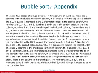 © 2019 McGraw-Hill Education
Bubble Sort2- Appendix
There are four passes of using a bubble sort for a column of numbers. There are 5
columns in the first pass. In the first column, the numbers from the top to the bottom
are 3, 2, 4, 1, and 5. Numbers 3 and 2 are interchanged. In the second column, the
numbers are 2, 3, 4, 1, and 5. Numbers 3 and 4 are in the correct order. In the third
column, numbers 4 and 1 are interchanged. In the fourth column, the numbers are 2,
3, 1, 4, and 5. Numbers 4 and 5 are in the correct order. There are 3 columns in the
second pass. In the first column, the numbers are 2, 3, 1, 4, and 5. Numbers 2 and 3
are in the correct order, number 5 is guaranteed to be in the correct order. In the
second column, numbers 3 and 1 are interchanged, number 5 is guaranteed to be in
the correct order. In the third column, the numbers are 2, 1, 3, 4, and 5. Numbers 3
and 4 are in the correct order, and number 5 is guaranteed to be in the correct order.
There are 2 columns in the third pass. In the first column, the numbers are 2, 1, 3, 4,
and 5. Numbers 2 and 1 are interchanged, numbers 4 and 5 are guaranteed to be in
the correct order. In the second column, the numbers are 1, 2, 3, 4, and 5. Numbers 2
and 3 are in the correct order, numbers 4 and 5 are guaranteed to be in the correct
order. There is one column in the fourth pass. The numbers are 1, 2, 3, 4, and 5.
Numbers 1 and 2 are in the correct order, numbers 3, 4 and 5 are guaranteed to be in
the correct order.s
Jump to the image
 
