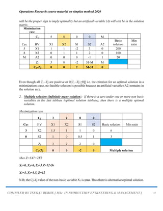 Operations Research course material on simplex method 2020
COMPILED BY TSEGAY BERHE [ MSc IN PRODUCTION ENGINEERING & MANAGEMENT ] 19
will be the proper sign to imply optimality but an artificial variable (A) will still be in the solution
matrix.
Minimization
case
Cj 5 8 0 0 M
CBV BV X1 X2 S1 S2 A2
Basic
solution
Min
ratio
5 X1 1 1 -2 3 0 200
8 X2 0 1 1 2 0 100
M A2 0 0 0 -1 1 20
Zj 5 8 -2 31-M M
Cj -Zj 0 0 2 M-31 0
Even though all Cj –Zj are positive or 0[Cj –Zj ≥0][ i.e. the criterion for an optimal solution in a
minimizations case, no feasible solution is possible because an artificial variable (A2) remains in
the solution mix.
2. Multiple solution (infinitely many solution); If there is a zero under one or more non basic
variables in the last tableau (optimal solution tableau), then there is a multiple optimal
solution.
Maximization case
Cj 3 2 0 0
CBV BV X1 X2 S1 S2 Basic solution Min ratio
3 X2 1.5 1 1 0 6
0 S2 1 0 0.5 1 3
Zj 3 2 2 0
Cj -Zj 0 0 -2 0 Multiple solution
Max Z=3X1+2X2
X1=0, X2=6, S2=3 Z=12 Or
X1=3, X2=1.5, Z=12
N.B; the Cj-Zj value of the non-basic variable X1 is zero. Thus there is alternative optimal solution.
 