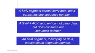 TCP/IP Protocol Suite
A SYN segment cannot carry data, but it
consumes one sequence number.
A SYN + ACK segment cannot carry data,
but does consume one
sequence number.
An ACK segment, if carrying no data,
consumes no sequence number.
 