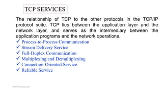 TCP/IP Protocol Suite
TCP SERVICES
The relationship of TCP to the other protocols in the TCP/IP
protocol suite. TCP lies between the application layer and the
network layer, and serves as the intermediary between the
application programs and the network operations.
 Process-to-Process Communication
 Stream Delivery Service
 Full-Duplex Communication
 Multiplexing and Demultiplexing
 Connection-Oriented Service
 Reliable Service
 
