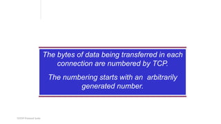TCP/IP Protocol Suite
The bytes of data being transferred in each
connection are numbered by TCP.
The numbering starts with an arbitrarily
generated number.
 