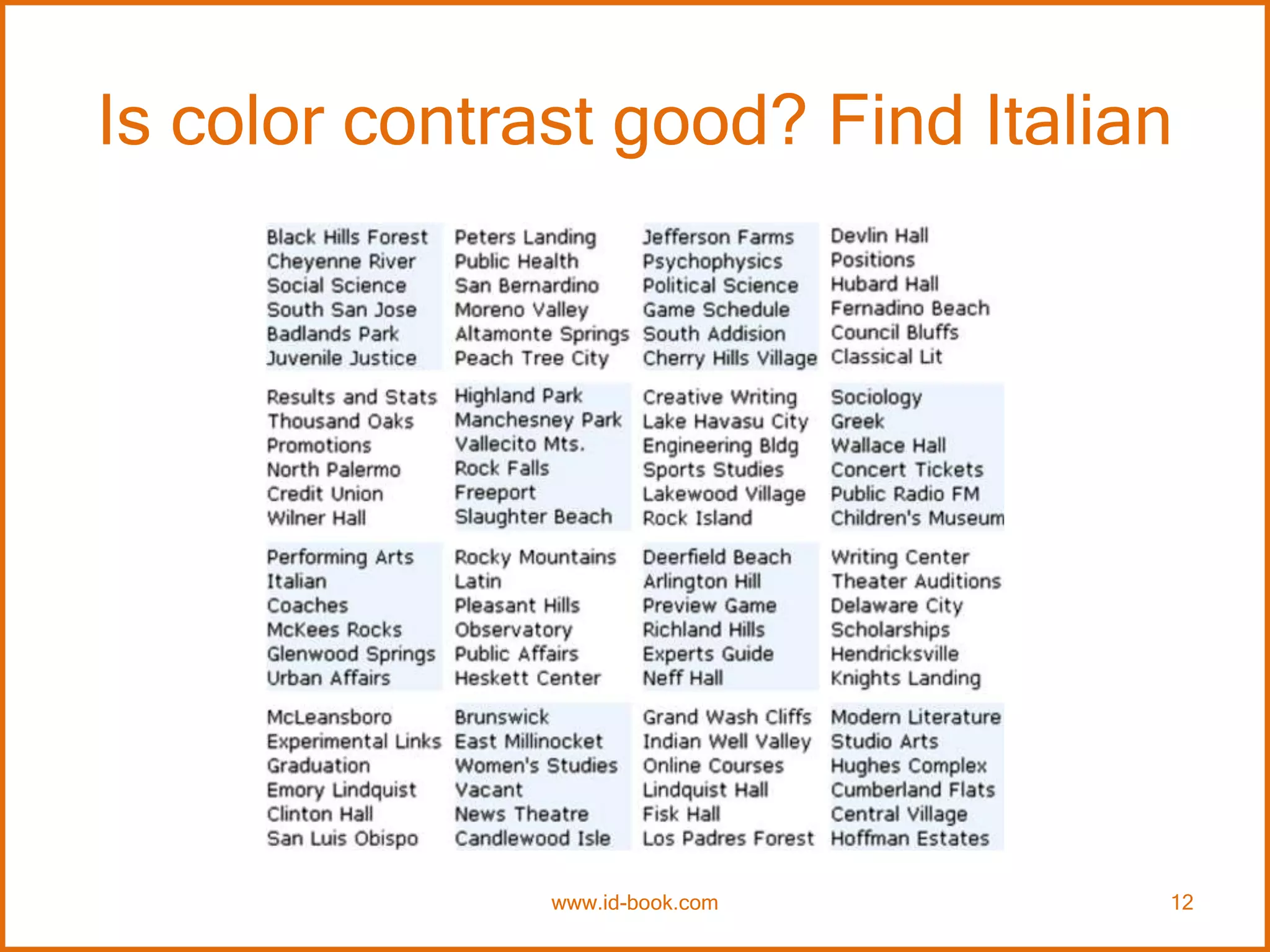 Is color contrast good? Find Italian
www.id-book.com 12
 