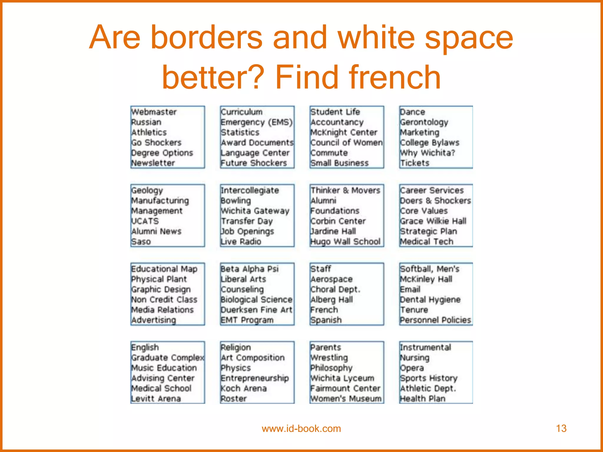 Are borders and white space
better? Find french
www.id-book.com 13
 