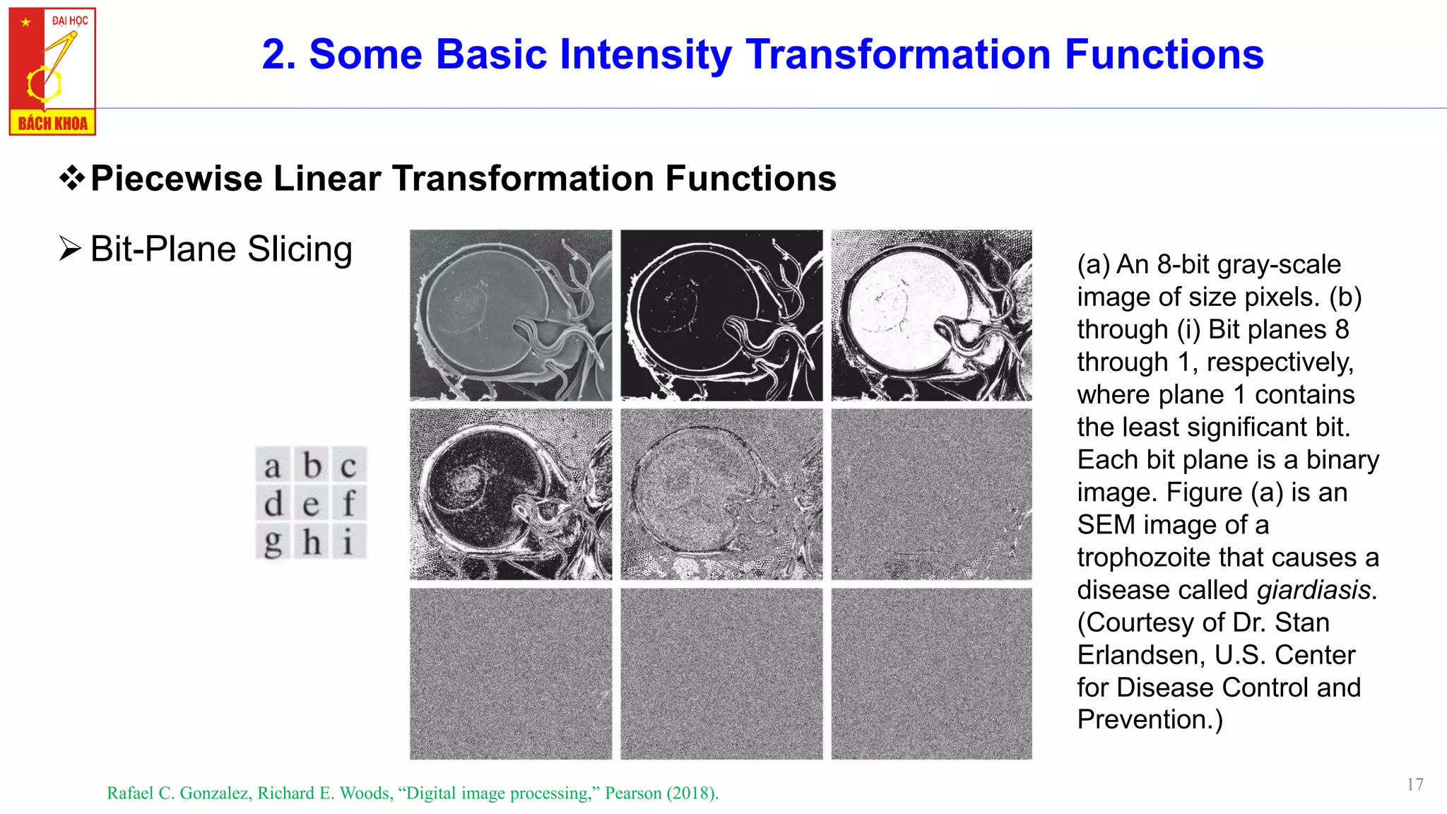17
2. Some Basic Intensity Transformation Functions
❖Piecewise Linear Transformation Functions
➢Bit-Plane Slicing
Rafael C. Gonzalez, Richard E. Woods, “Digital image processing,” Pearson (2018).
(a) An 8-bit gray-scale
image of size pixels. (b)
through (i) Bit planes 8
through 1, respectively,
where plane 1 contains
the least significant bit.
Each bit plane is a binary
image. Figure (a) is an
SEM image of a
trophozoite that causes a
disease called giardiasis.
(Courtesy of Dr. Stan
Erlandsen, U.S. Center
for Disease Control and
Prevention.)
 