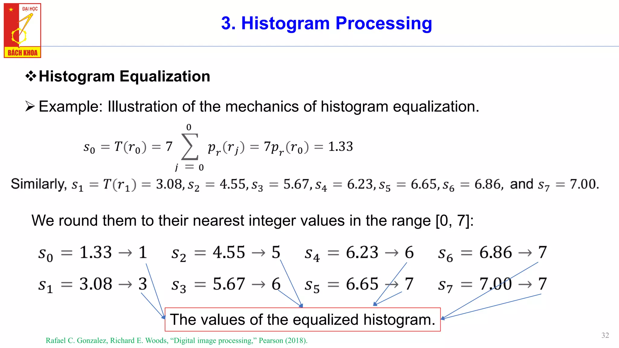 32
3. Histogram Processing
❖Histogram Equalization
➢Example: Illustration of the mechanics of histogram equalization.
Rafael C. Gonzalez, Richard E. Woods, “Digital image processing,” Pearson (2018).
We round them to their nearest integer values in the range [0, 7]:
The values of the equalized histogram.
 