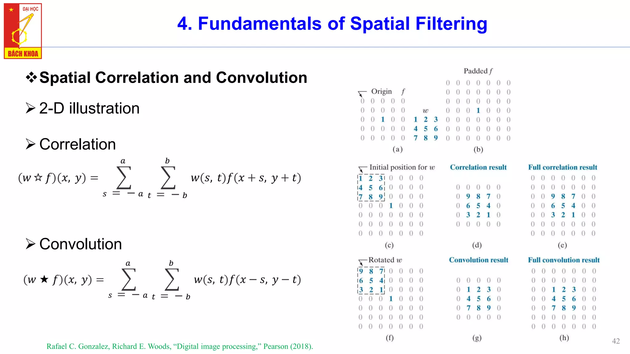 42
4. Fundamentals of Spatial Filtering
❖Spatial Correlation and Convolution
➢2-D illustration
Rafael C. Gonzalez, Richard E. Woods, “Digital image processing,” Pearson (2018).
➢Correlation
➢Convolution
 